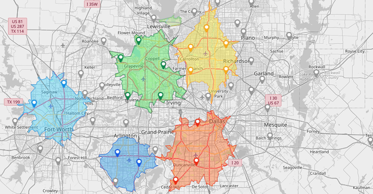 Mapline map of the Dallas and Fort Worth area with five colored drive-time areas, each shaped by the roads around a group of pins