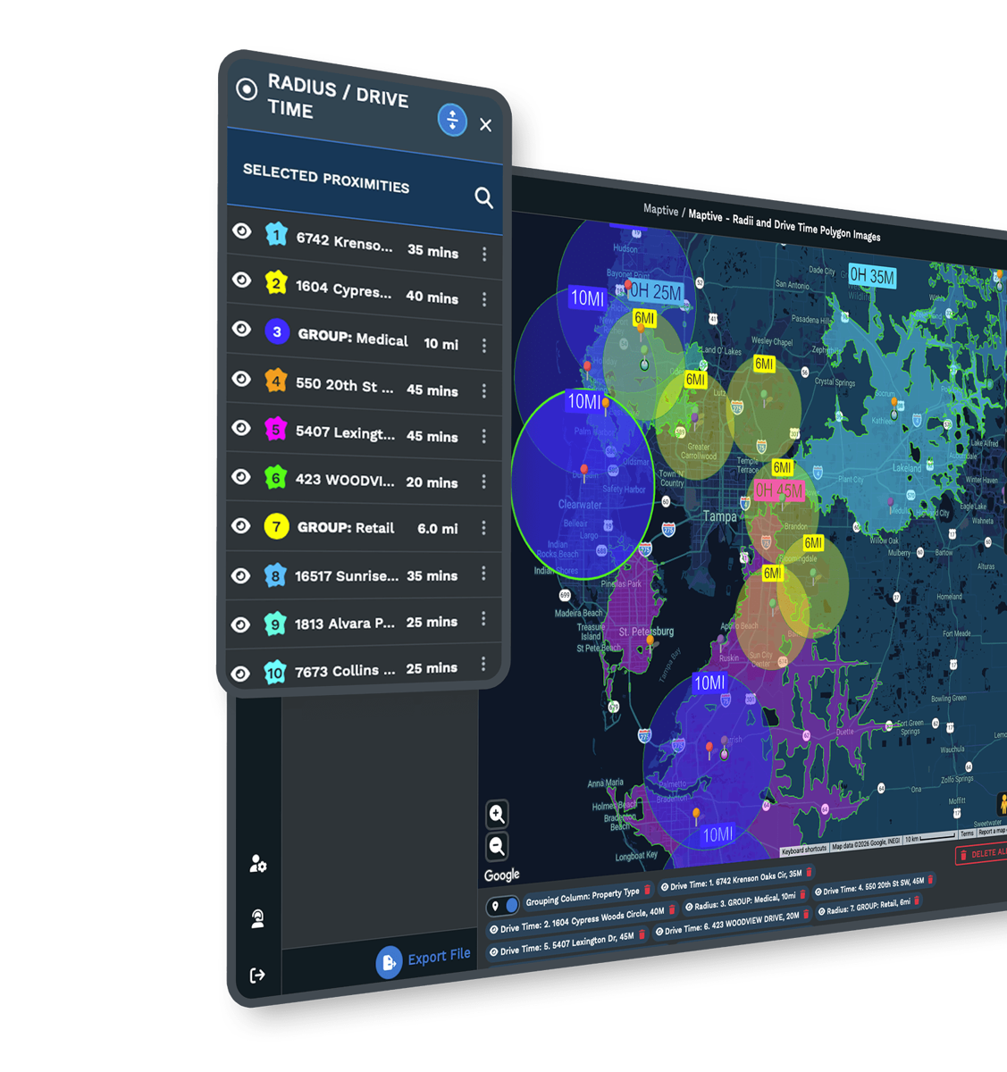Maptive radius and drive time panel listing selected locations with drive times beside a map of overlapping radius circles and drive-time areas
