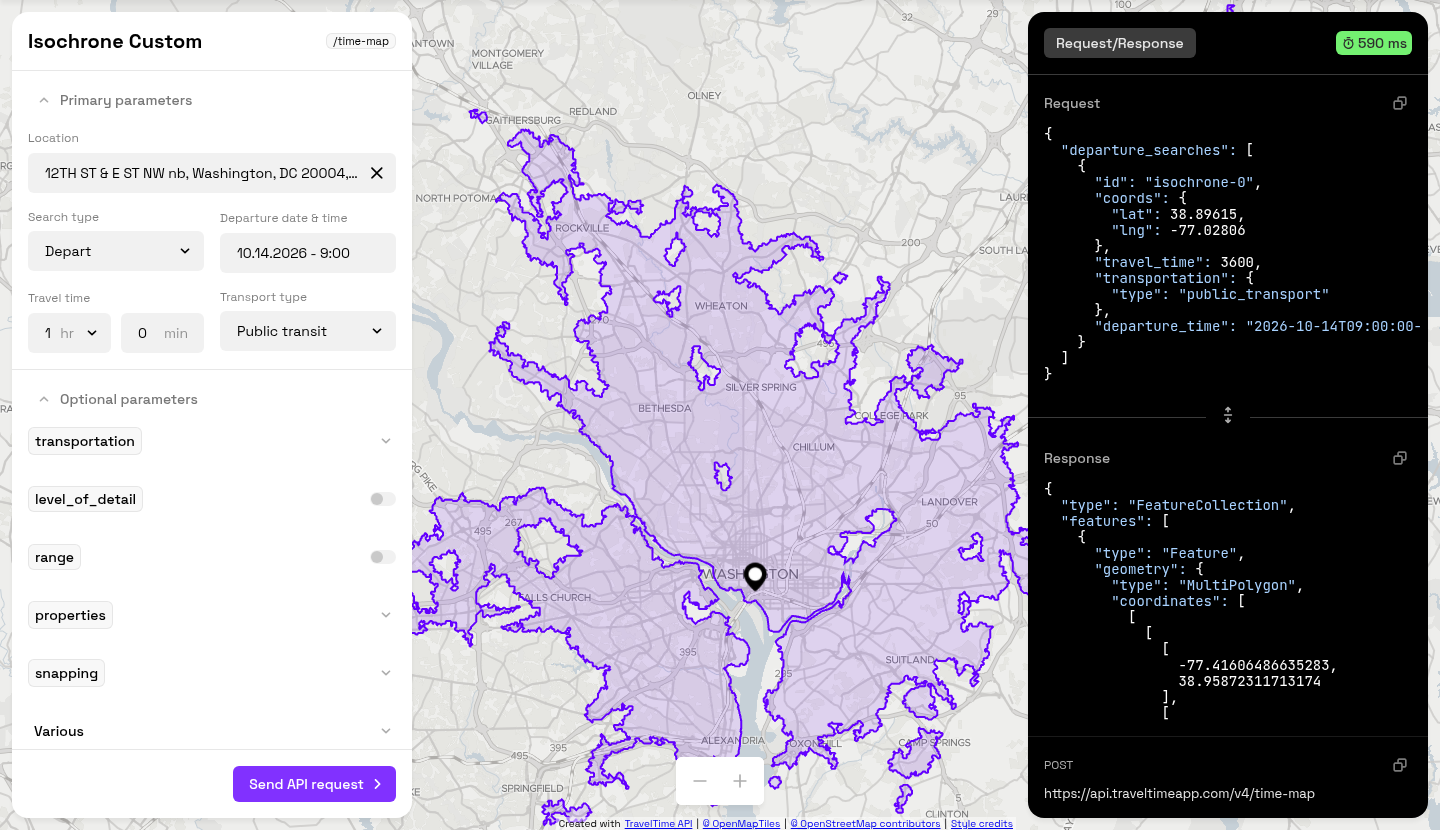 TravelTime isochrone playground with a public transit search from a Washington, DC address at a set departure time, a purple reachable area on the map, and the request and response beside it