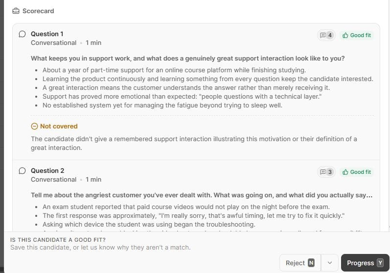 Metaview Screening scorecard for a completed call, showing the agent’s “Good fit” assessment for a question about why the candidate stays in support work, the evidence behind it, a “Not covered” note, and the recruiter’s “Reject” and “Progress” buttons