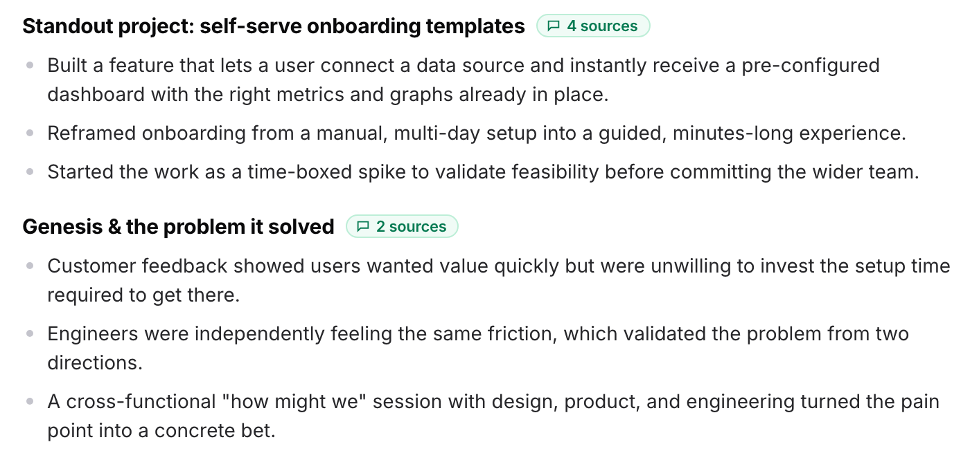 Metaview Notetaker notes for a final-stage interview under two topic headings, each with bullet points on what the candidate did and a count of the transcript sources it draws on