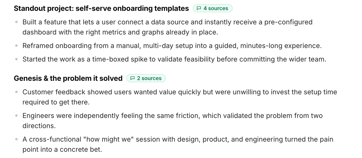 Two sections of Metaview Notetaker notes for a sample interview, headed “Standout project: self-serve onboarding templates” with a “4 sources” tag and “Genesis & the problem it solved” with a “2 sources” tag, each followed by three bullet points summarizing what the candidate said