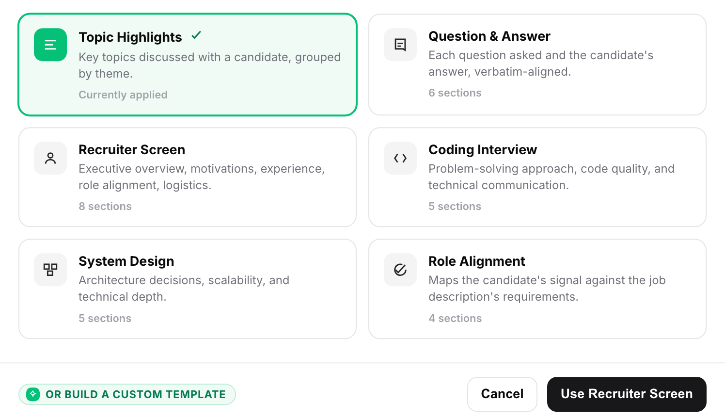 Metaview notes template picker with six templates, including Question and Answer and Recruiter Screen, an option to build a custom template, and a Use Recruiter Screen button