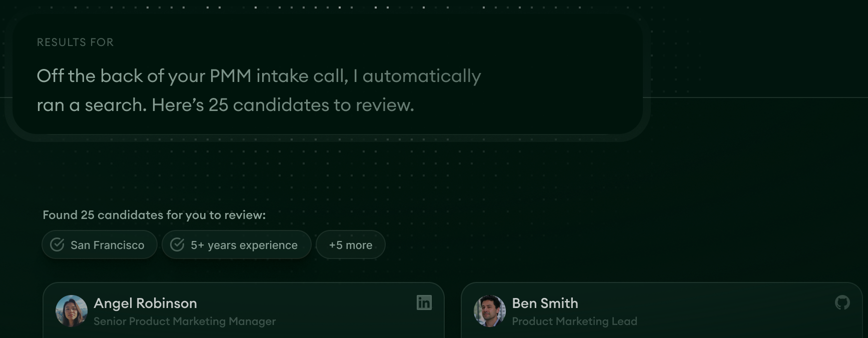 Illustration of Metaview AI Sourcing results for a product marketing role, listing sample candidates with their current titles