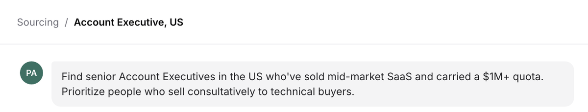 A brief typed into Metaview AI Sourcing asking for senior account executives in the United States, written in plain language