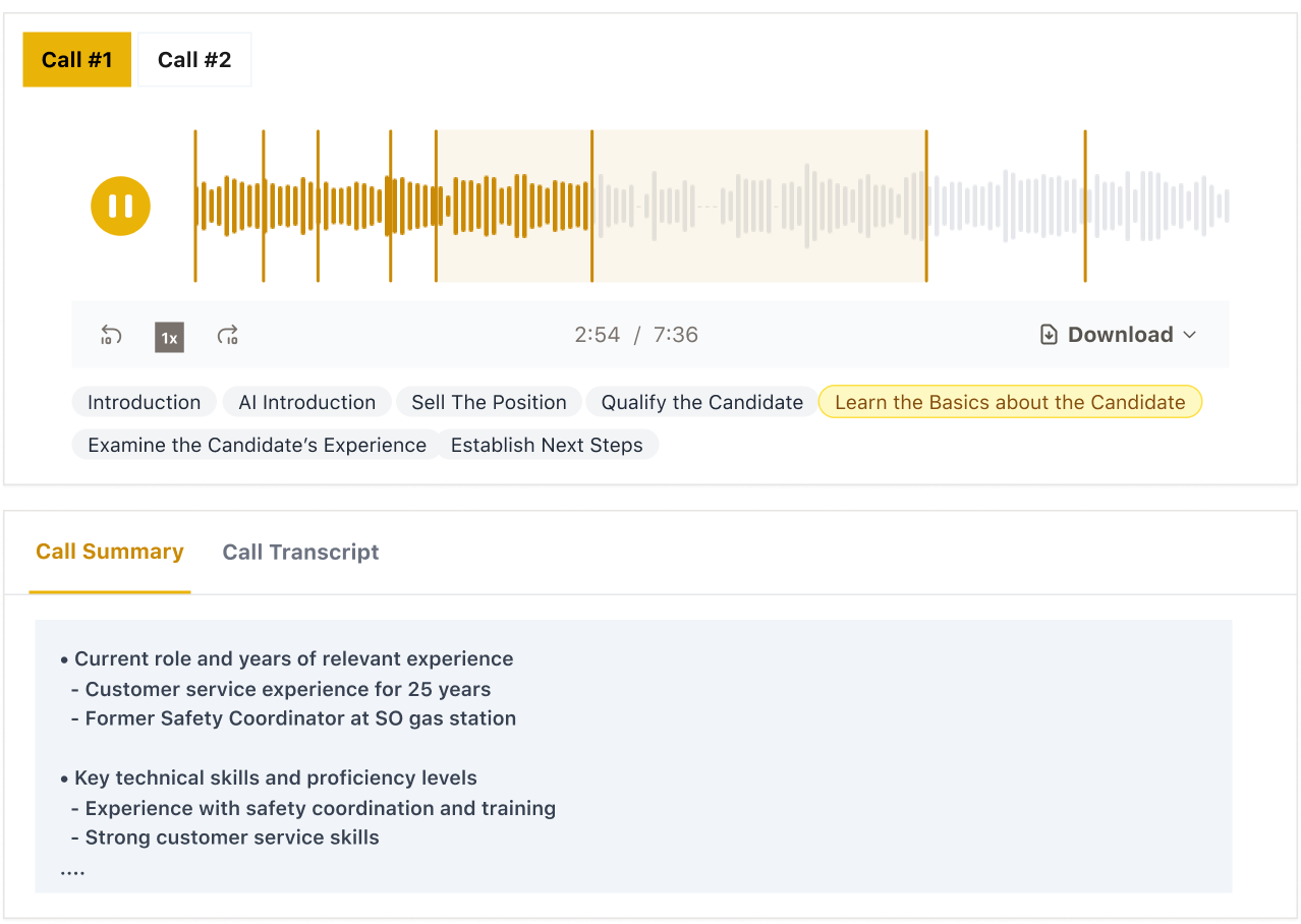 Classet’s call view with a playable recording split into sections like “Qualify the Candidate” and “Learn the Basics about the Candidate,” above a call summary.