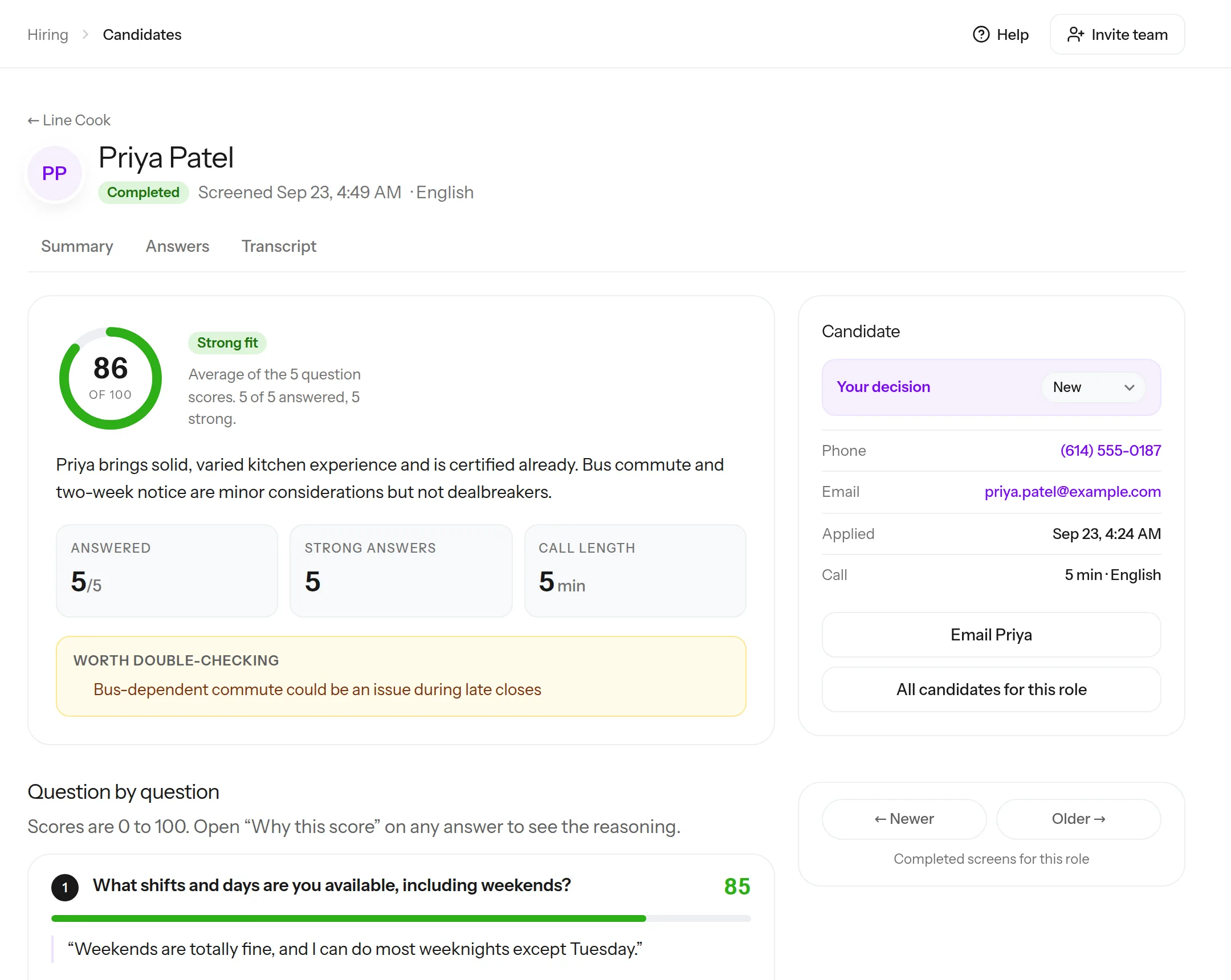 PhoneScreen.AI’s screen for a sample line cook applicant, with a score of 86 out of 100, a “Strong fit” label, a “Worth double-checking” note about a bus commute for late shifts, and a “Your decision” menu.