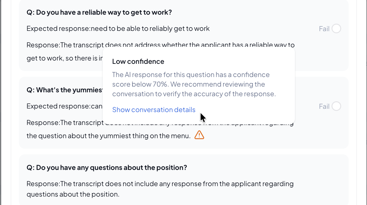 Workstream VoiceAI answers, two marked “Fail” against the expected response, with a “Low confidence” tooltip that recommends reviewing the conversation.