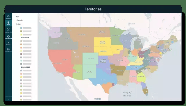 Xactly Plan territory map of the United States, with territories shaded by color beside a territory list