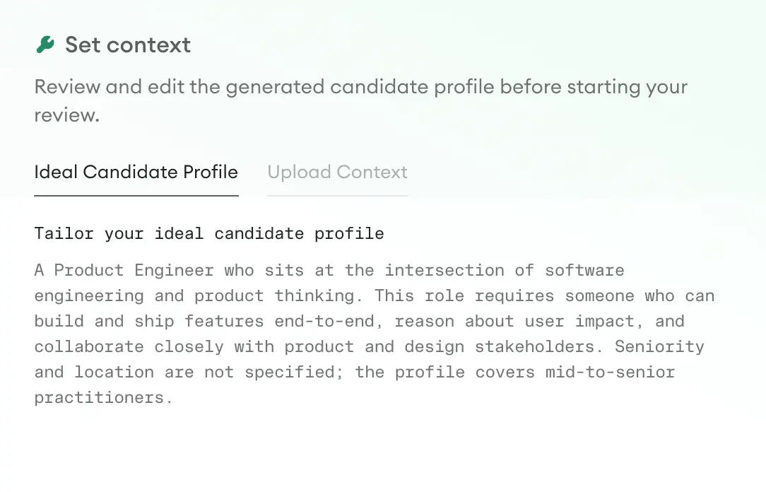 Metaview Application Review’s “Set context” panel, asking the team to review and edit the generated candidate profile before the review starts, with a sample ideal candidate profile