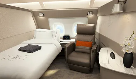 suite in one of the airplanes of singapore airlines.