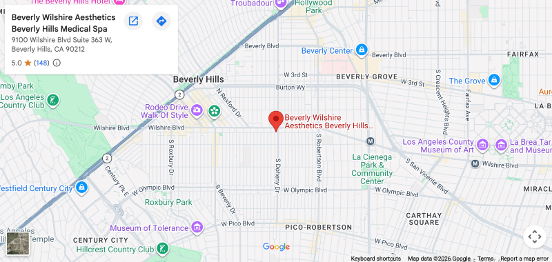 A Google Map featuring a local pin with the address of the best botox Los Angeles at 9100 Wilshire Blvd Suite 363 W, Beverly Hills, CA 90212.