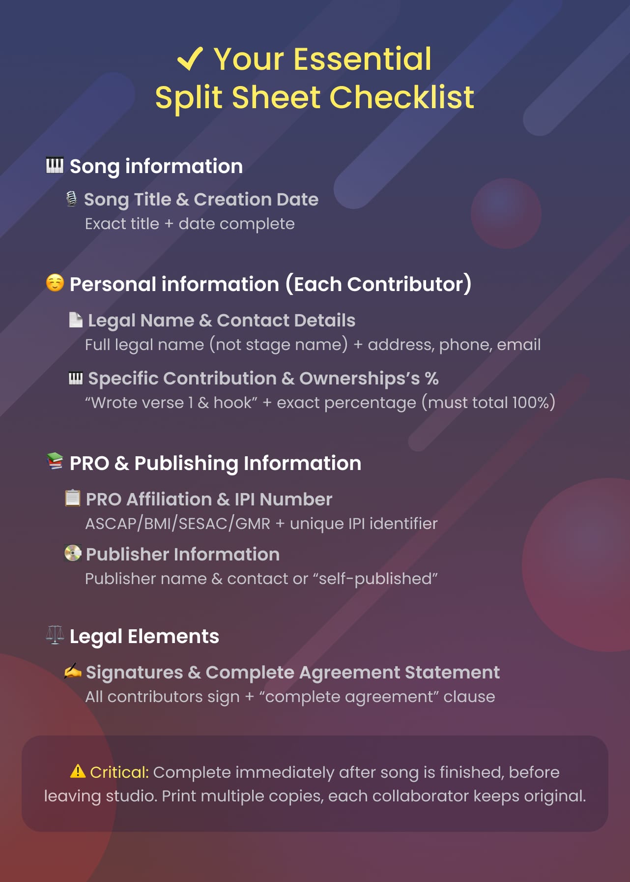 Music split sheet checklist