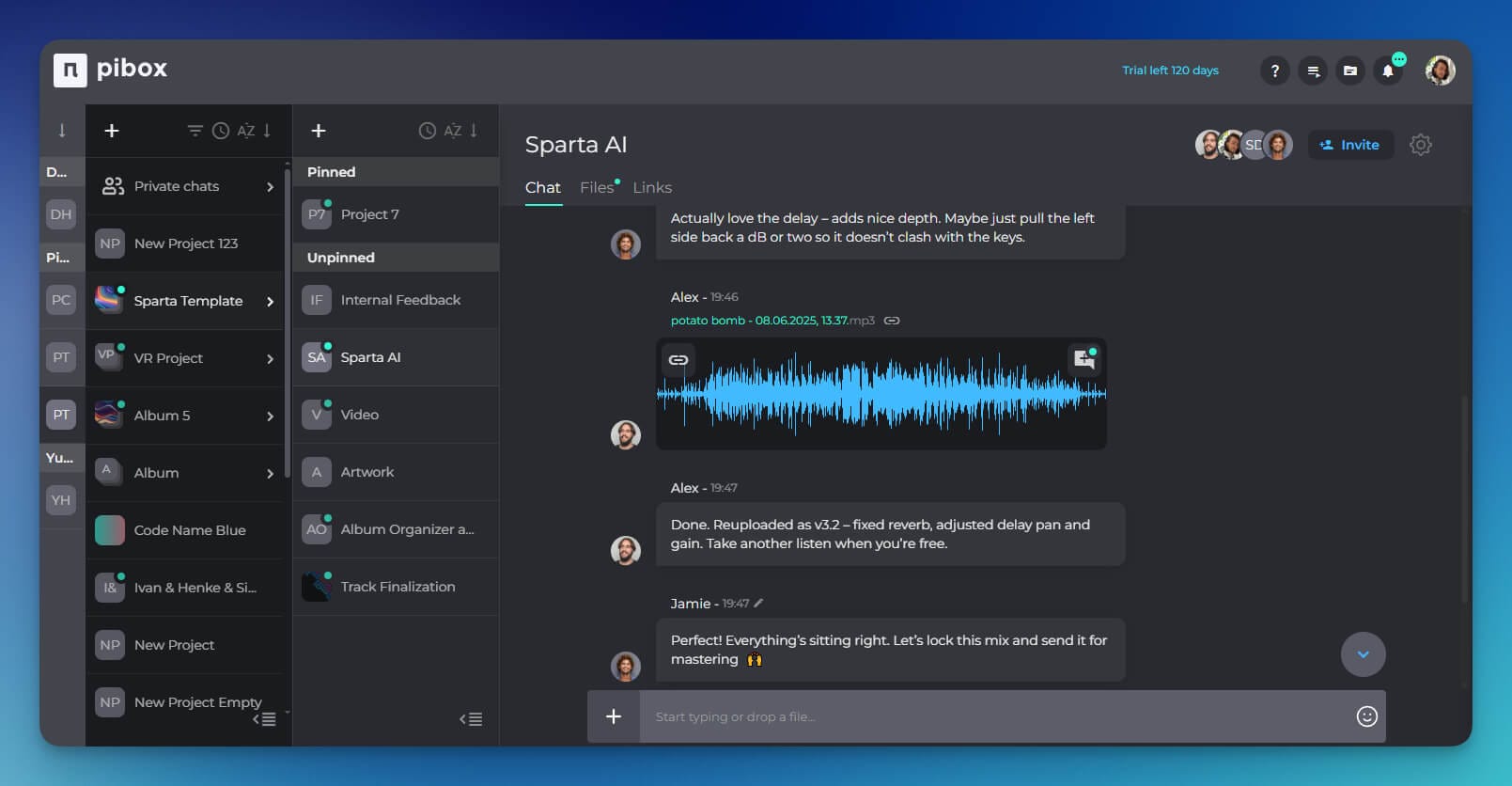 The team chat feature in Pibox
