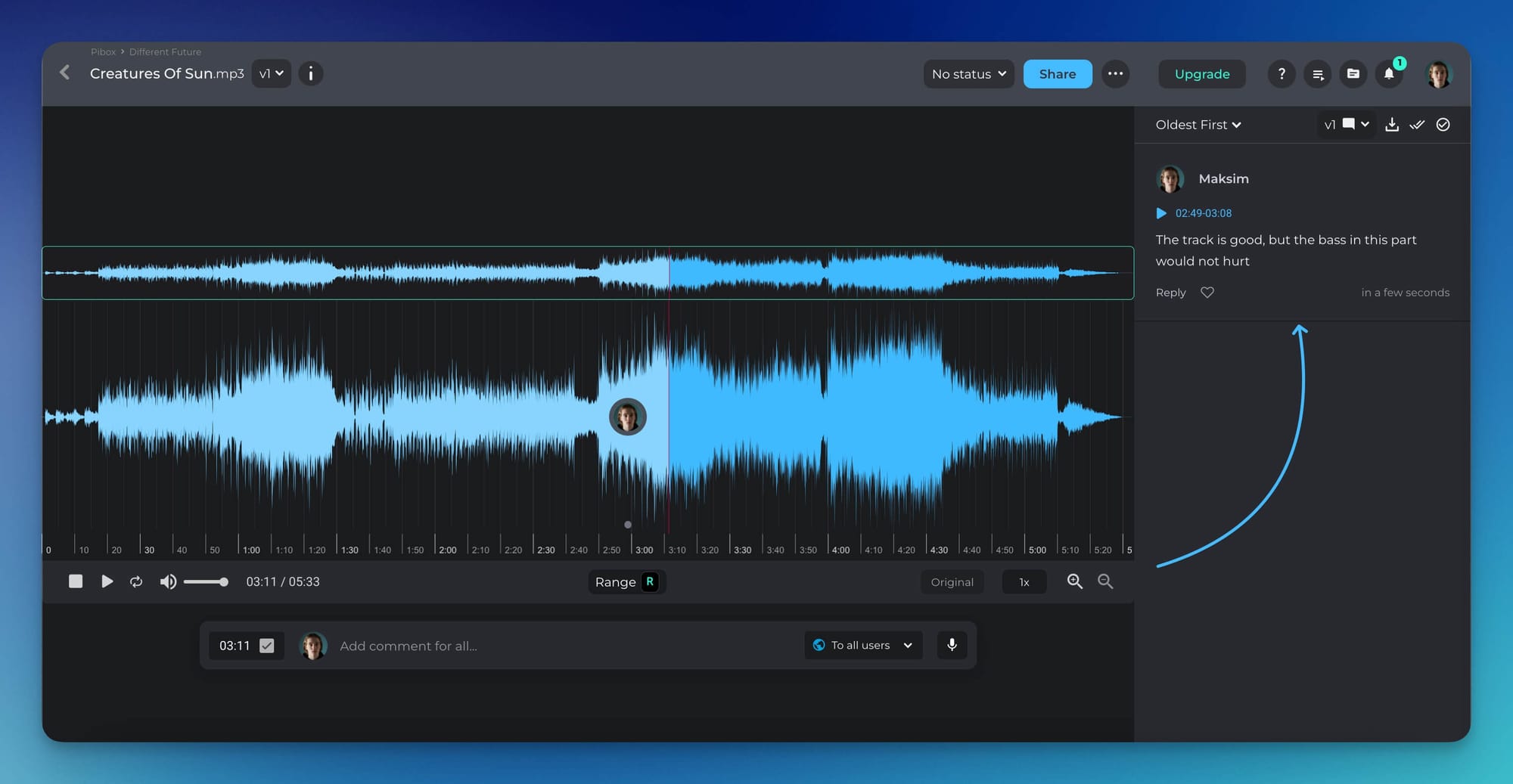 Timestamped comments on the waveform in Pibox
