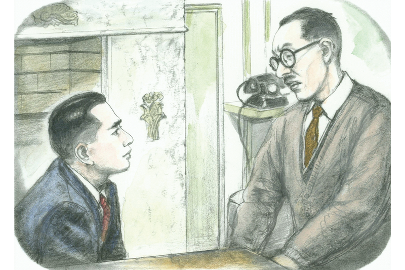 Illustration of a young Daisaku Ikeda and an older Josei Toda. Daisaku Ikeda is lower down, listening intently