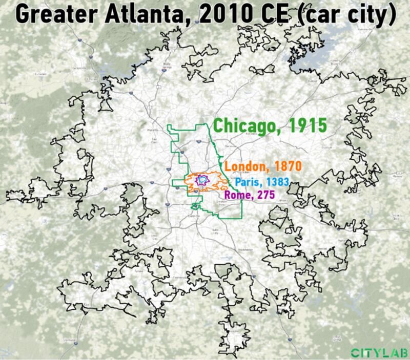  Illustration of how the size of cities expands with the speed of our transportation technologies. 
