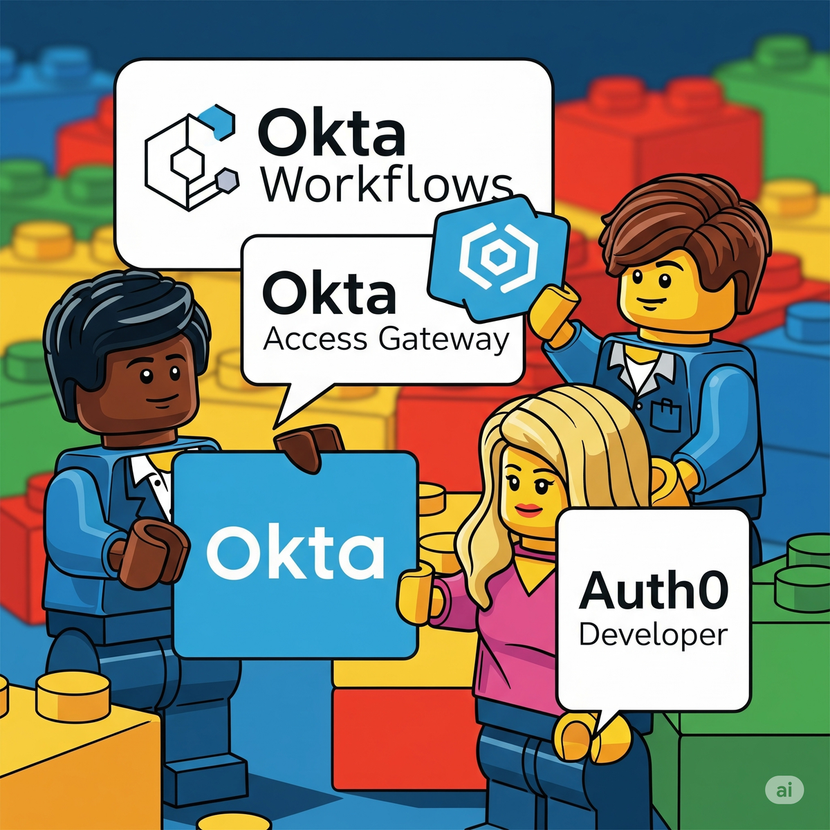 Whimsical pic of three cartoony people touting their Okta certifications.