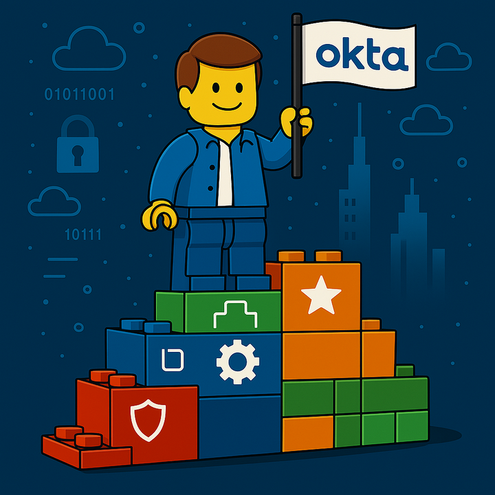 Whimsical representation of a guy learning about Okta in the form of toy blocks.