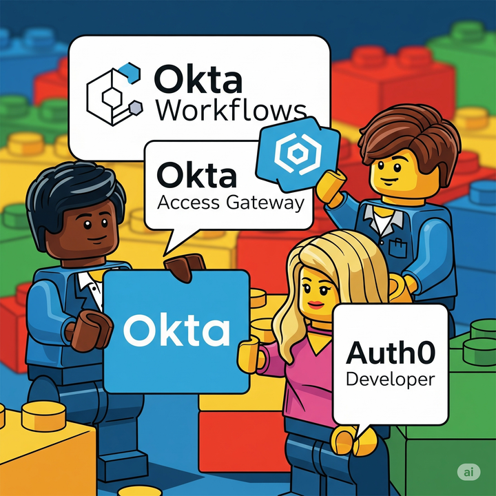 Whimsical pic of three cartoony people touting their Okta certifications.