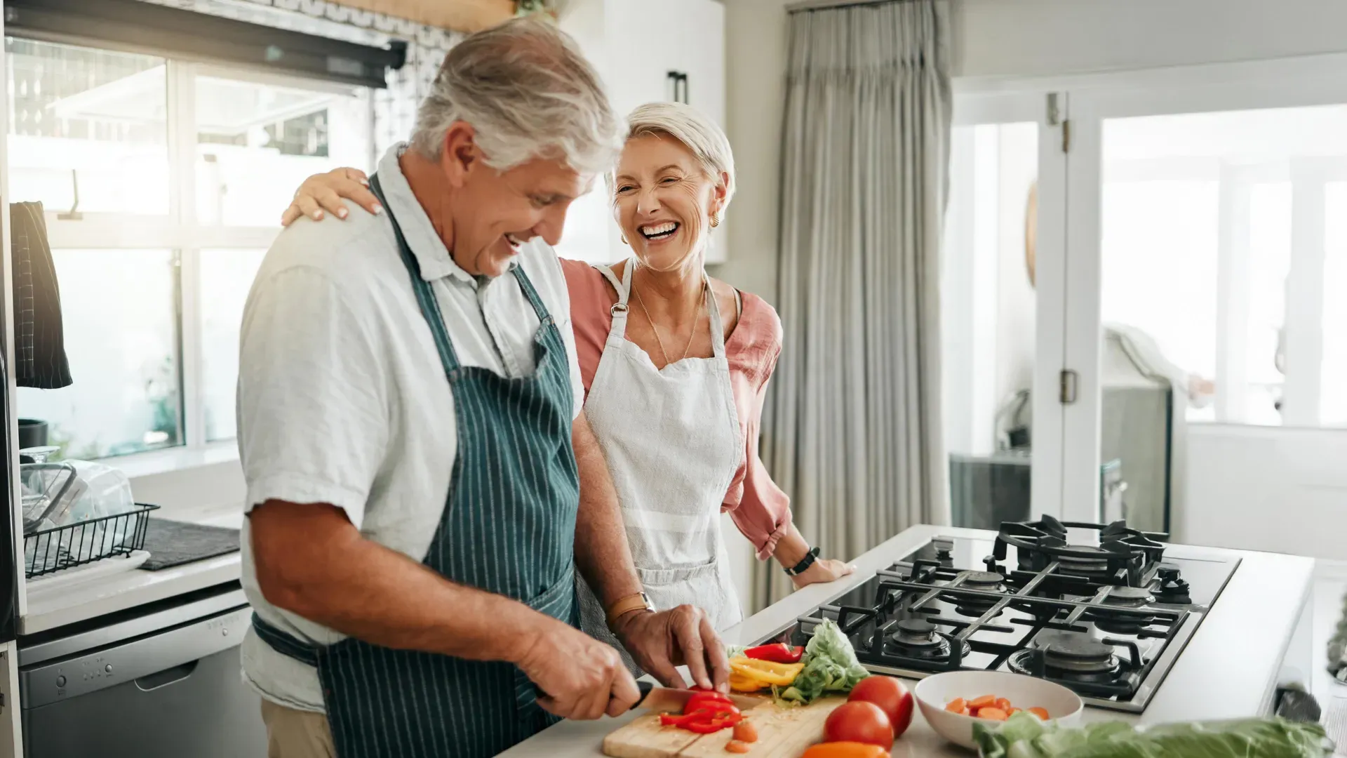 An older adult prepares a protein-rich meal after a mixed aerobic and resistance workout at home.