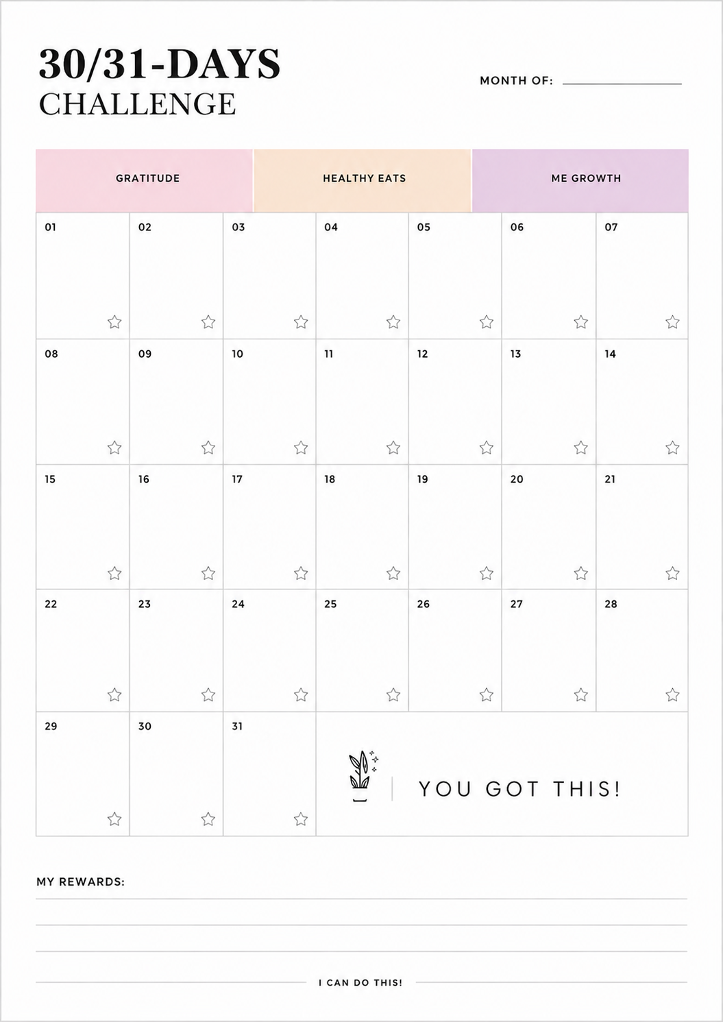 A printable 30 day challenge tracker designed to build positive habits and achieve monthly goals.