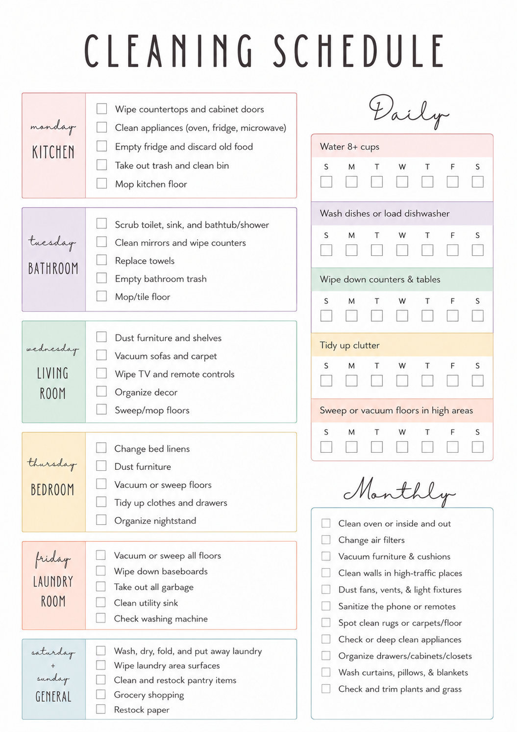 A printable house cleaning schedule with organized daily, weekly, and monthly household cleaning checklists.
