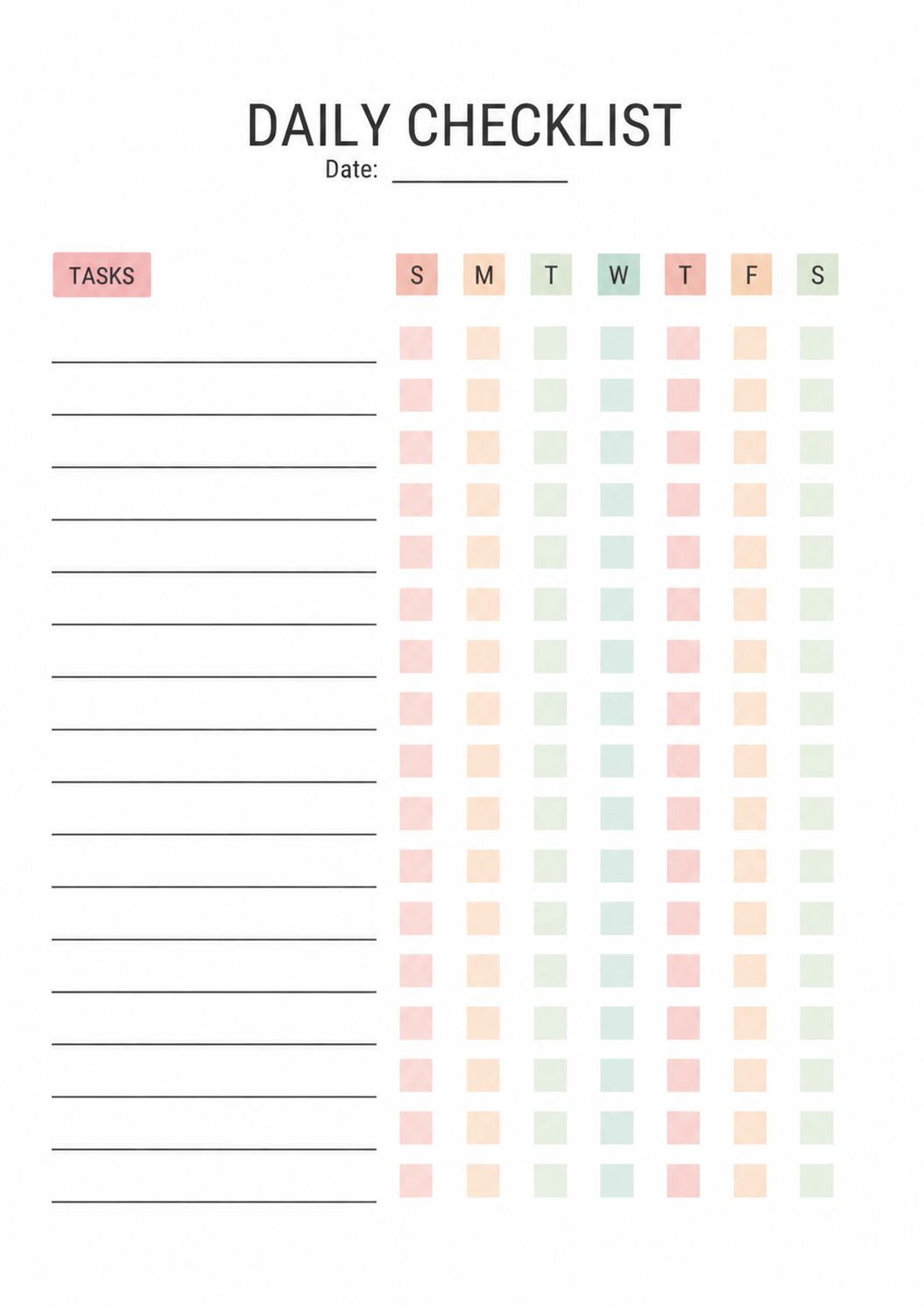 A printable daily checklist designed to manage recurring tasks, weekly habits, and everyday routines.