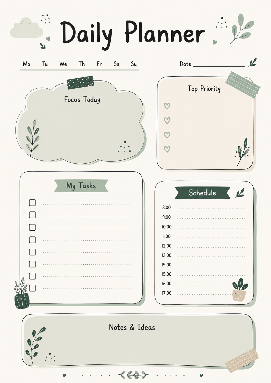 Printable daily planner with focus section, top priorities, to-do list, hourly schedule, and notes for organizing daily tasks and productivity.