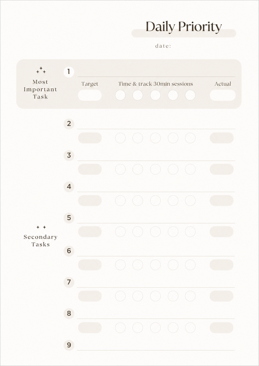 Minimalist printable daily priority task tracker with sections for top priorities, task targets, 30-minute focus session tracking, and daily progress.