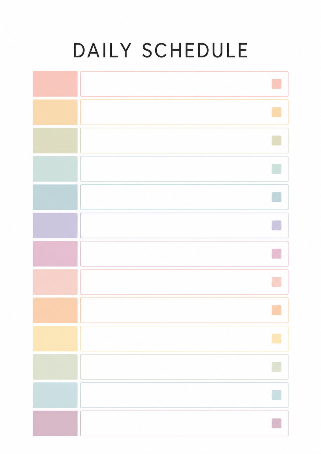 Minimalist printable daily schedule template featuring colorful planning blocks for organizing daily tasks, appointments, reminders, and routines.