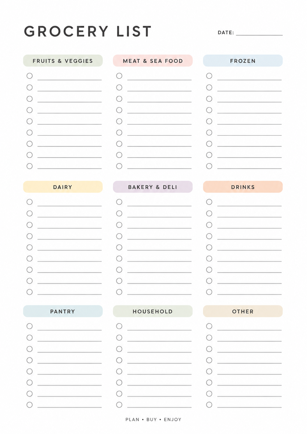 Printable grocery shopping list with categorized sections for fruits, vegetables, dairy, pantry, frozen foods, drinks, household essentials, and more.