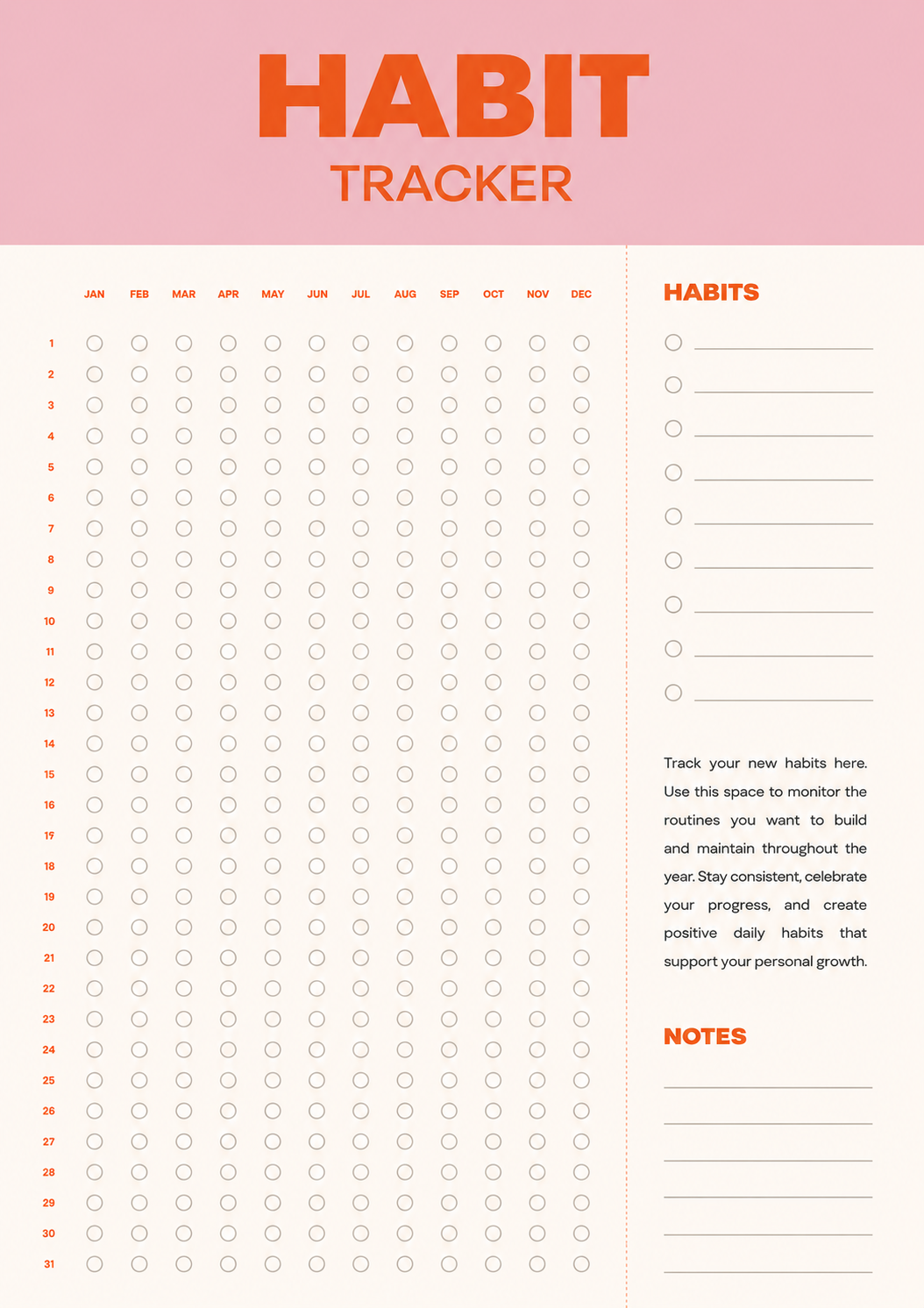 Minimal yearly habit tracker printable with monthly habit tracking grid, habit list, and notes section for building consistent daily routines.