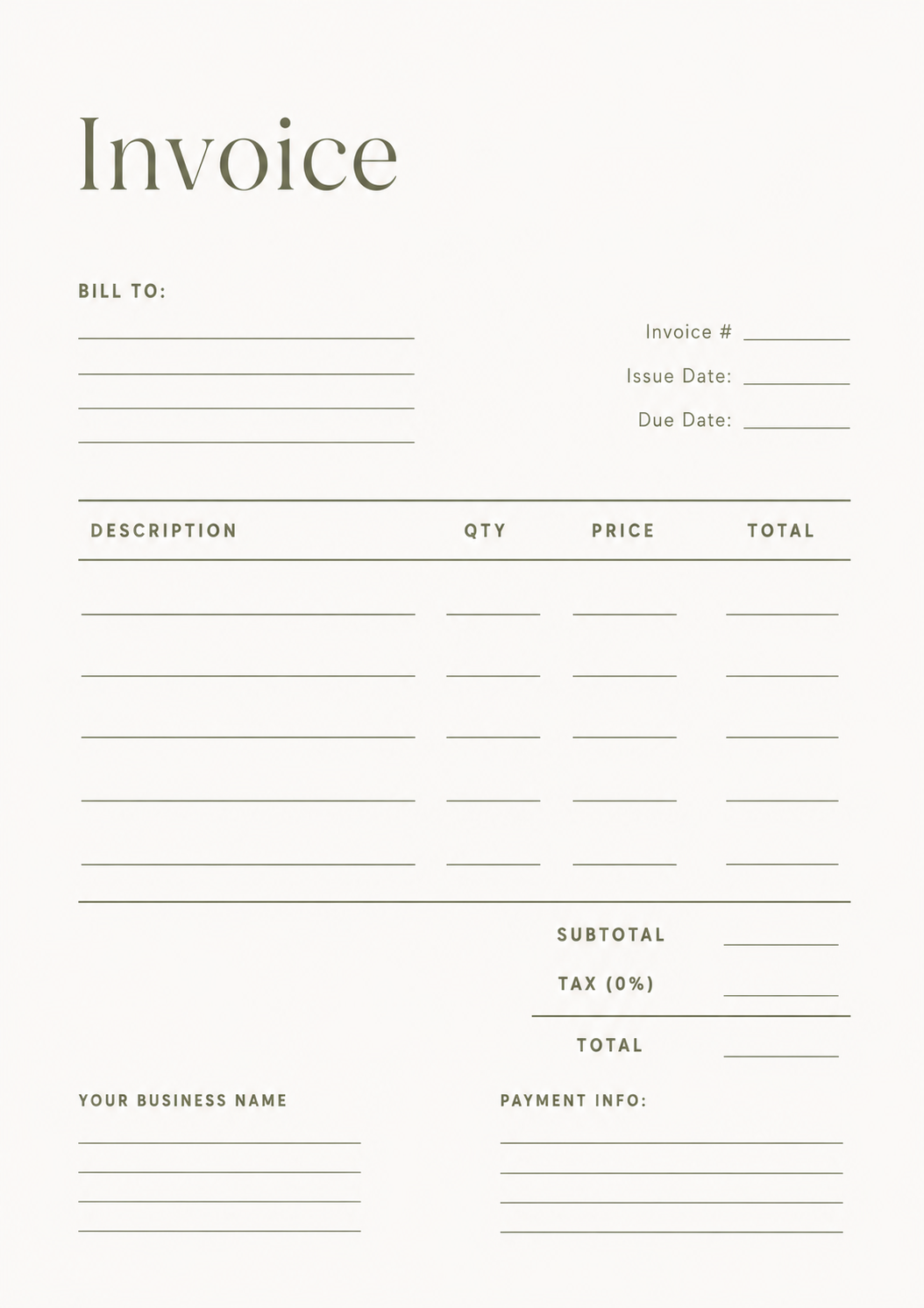 Minimal printable invoice template with billing information, itemized pricing table, payment details, and total calculation section.