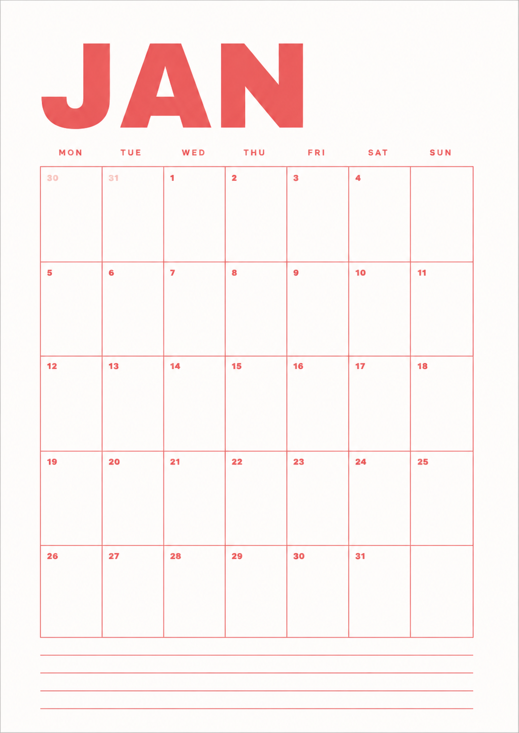 Minimal January monthly calendar printable with a clean monthly layout and notes section for planning appointments, events, reminders, and goals.