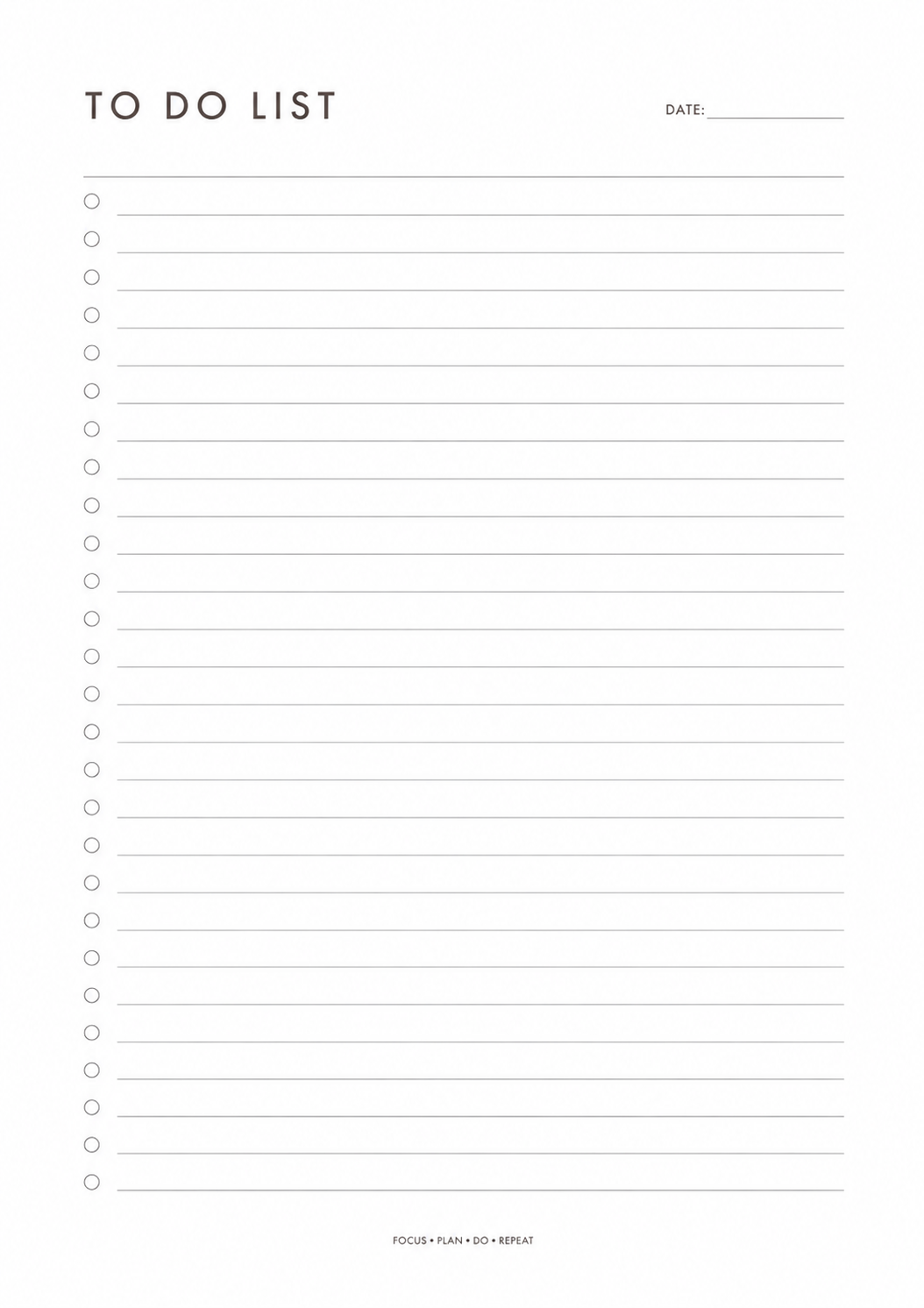 A minimalist printable to do list with a date field, checklist boxes, and a clean layout for organizing daily tasks and priorities.