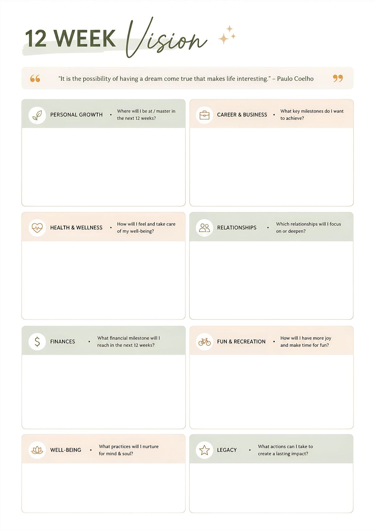 Printable 12 week vision planner featuring goal planning sections for personal growth, career, finances, health, relationships, wellness, and life priorities.