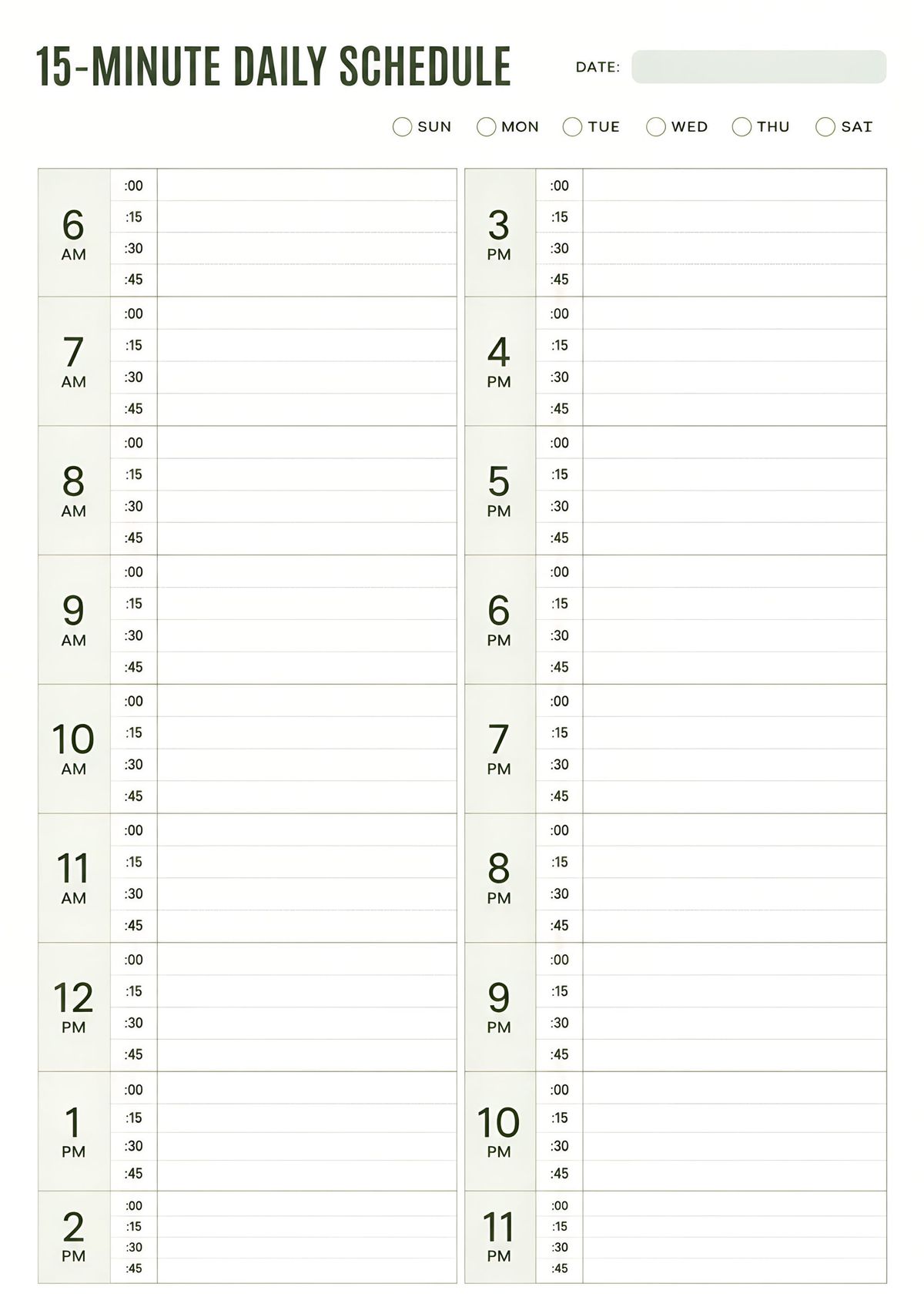 Printable 15-minute daily schedule with hourly time blocks from 6 AM to 11 PM for planning tasks, appointments, and daily routines.