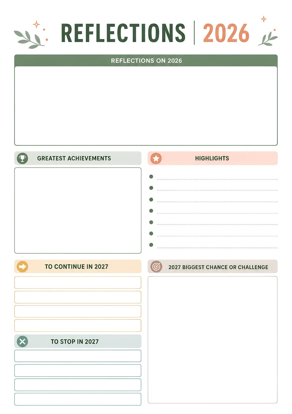 A printable 2026 year in review planner to reflect on accomplishments and prepare for the year ahead.