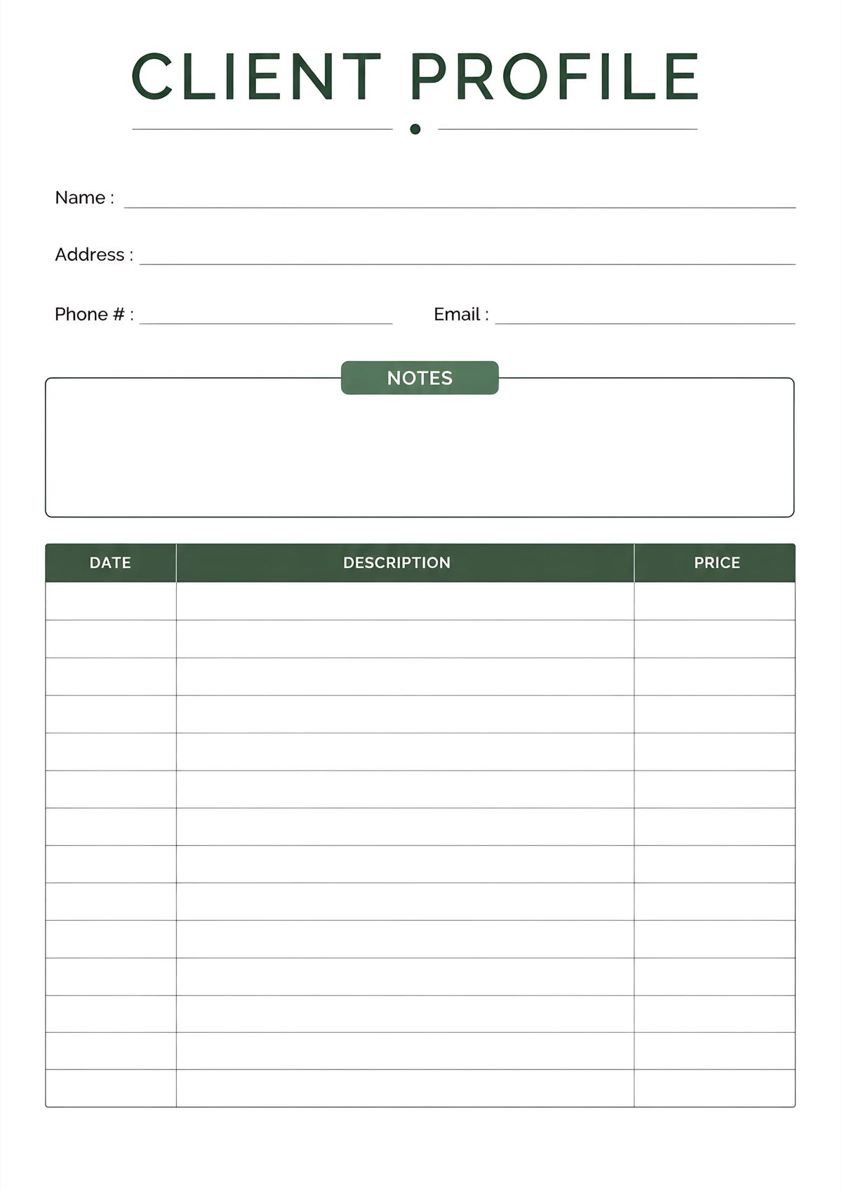 Printable client profile template with contact information, notes section, and service history tracker.