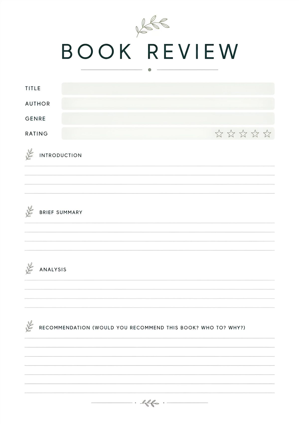 Printable book review worksheet with sections for book details, summary, analysis, rating, and recommendations.