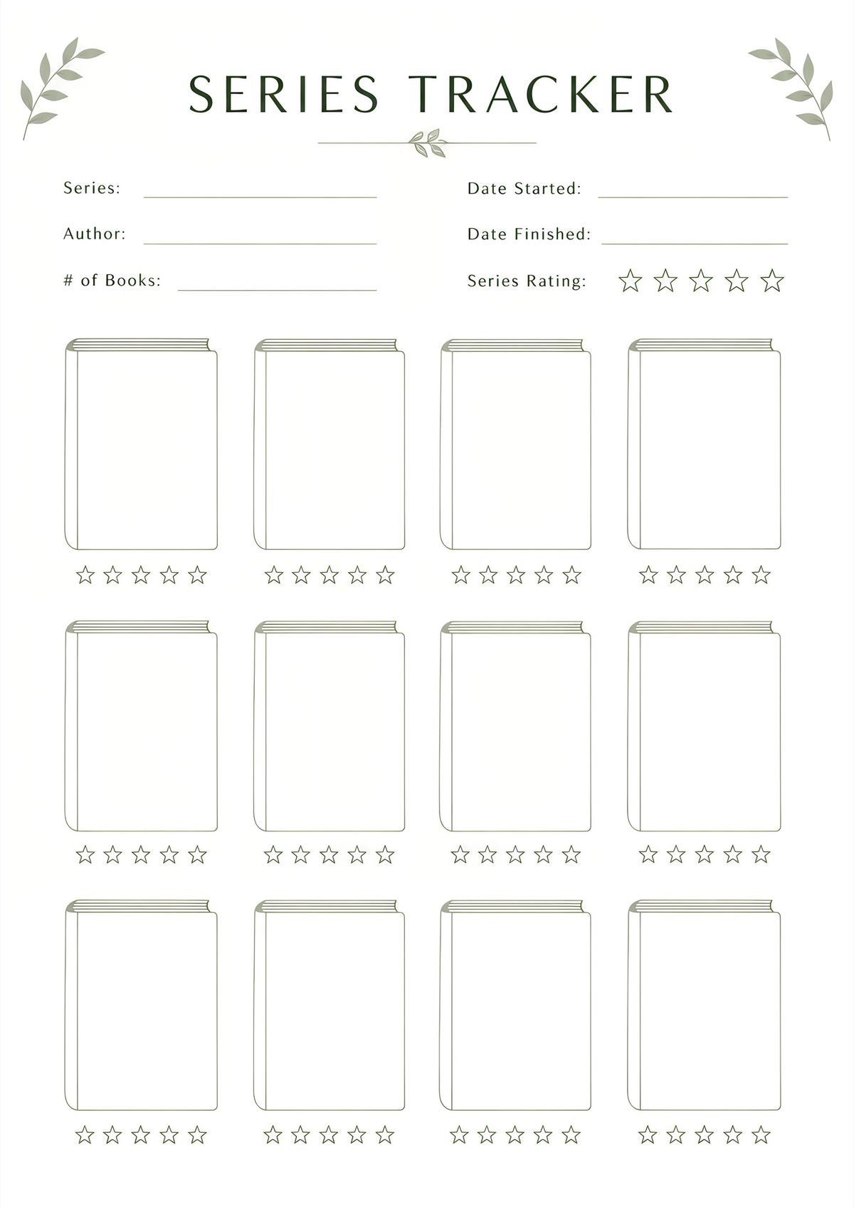 A printable book series tracker designed to organize book collections, reading progress, and personal ratings.
