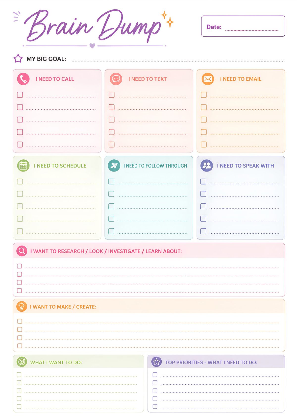 A colorful brain dump planner designed to capture ideas, organize tasks, and prioritize daily activities.