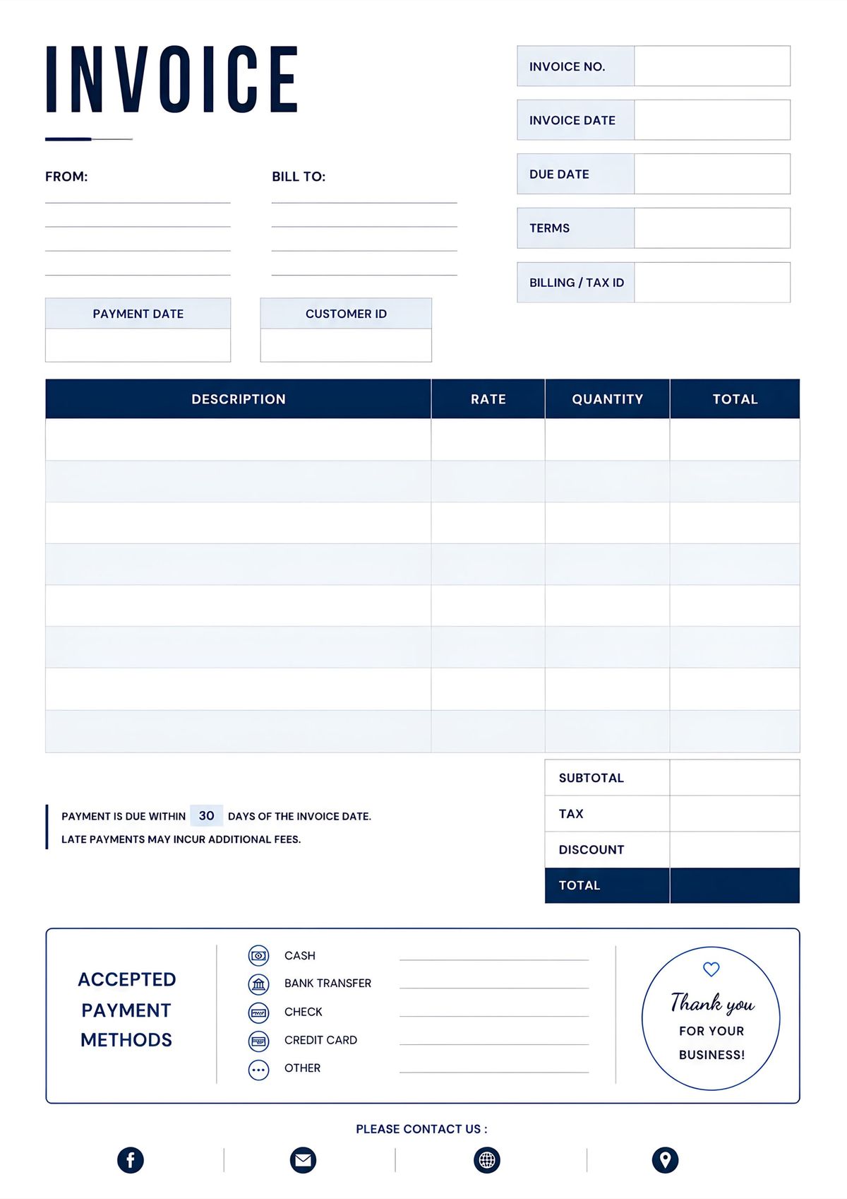 Professional printable invoice template featuring billing information, customer details, itemized services, payment methods, subtotal, tax, discount, and total amount sections.