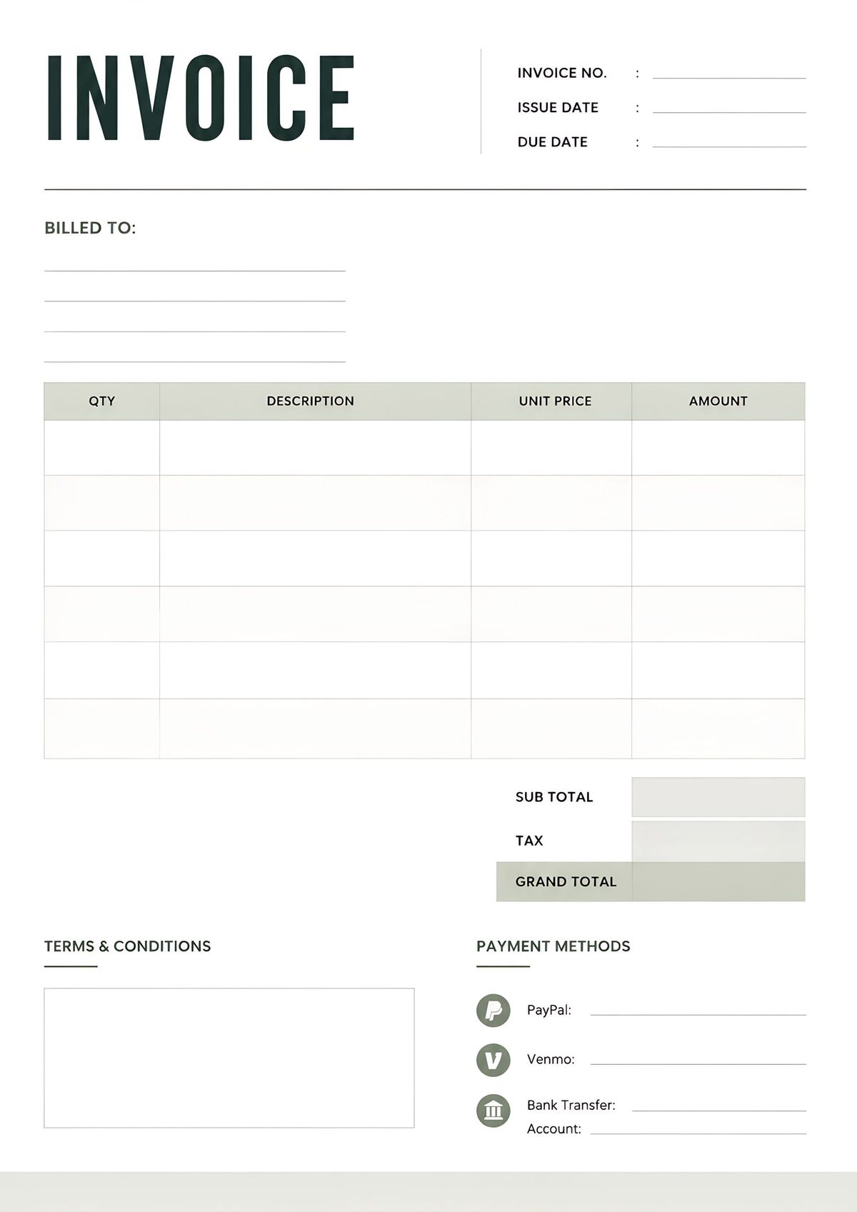A clean printable invoice template for freelancers, small businesses, and professional billing.