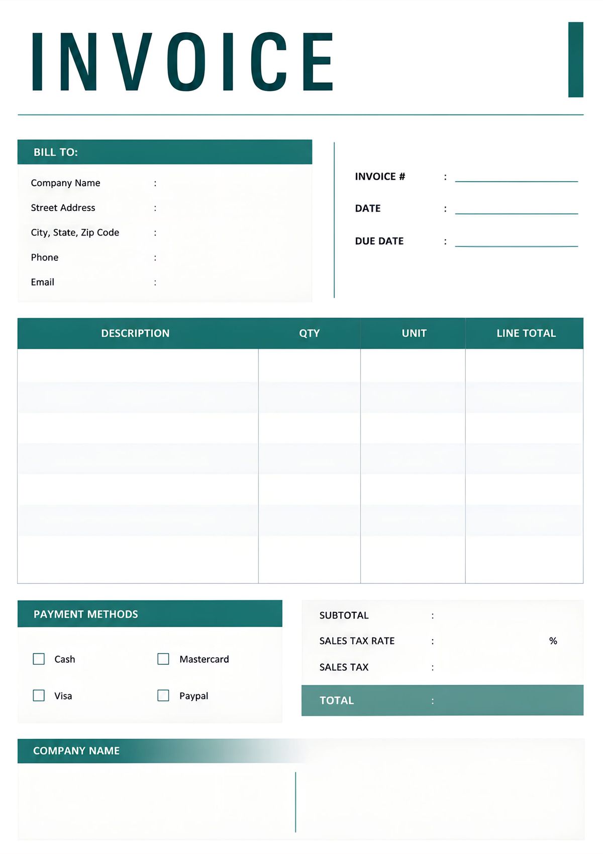 A clean printable business invoice template with client information, itemized billing table, payment methods, tax summary, and total amount section.