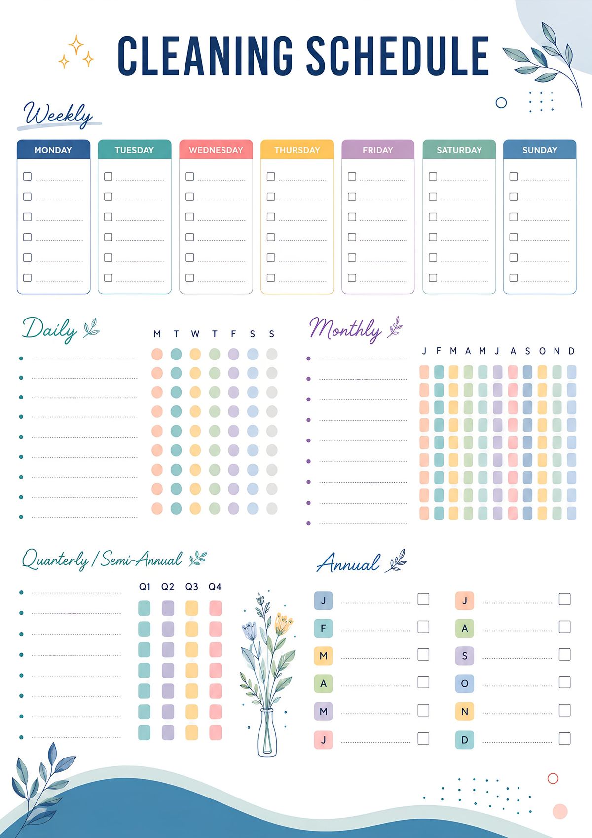 Printable cleaning schedule planner with weekly, daily, monthly, quarterly, semi-annual, and annual cleaning checklists for home organization.