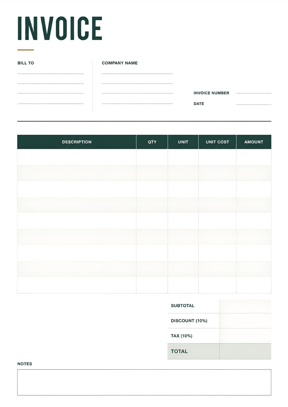 Minimal printable client billing invoice template with itemized pricing table, totals, and notes section.