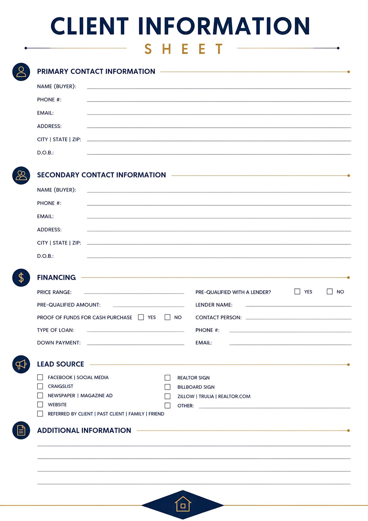 Printable client information record form featuring primary and secondary contact details, financing section, lead source checklist, and additional information notes.