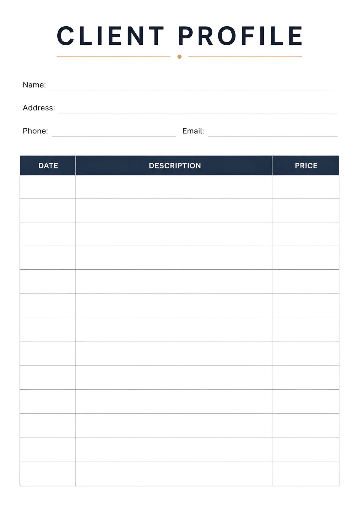 A clean client profile template designed to organize customer information and business records.